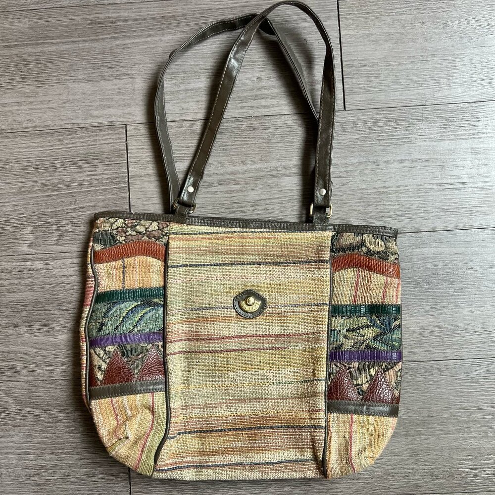 Vtg 90s Brown Tapestry Carpet Bag Mini Tote Boho Earthtones Gitano